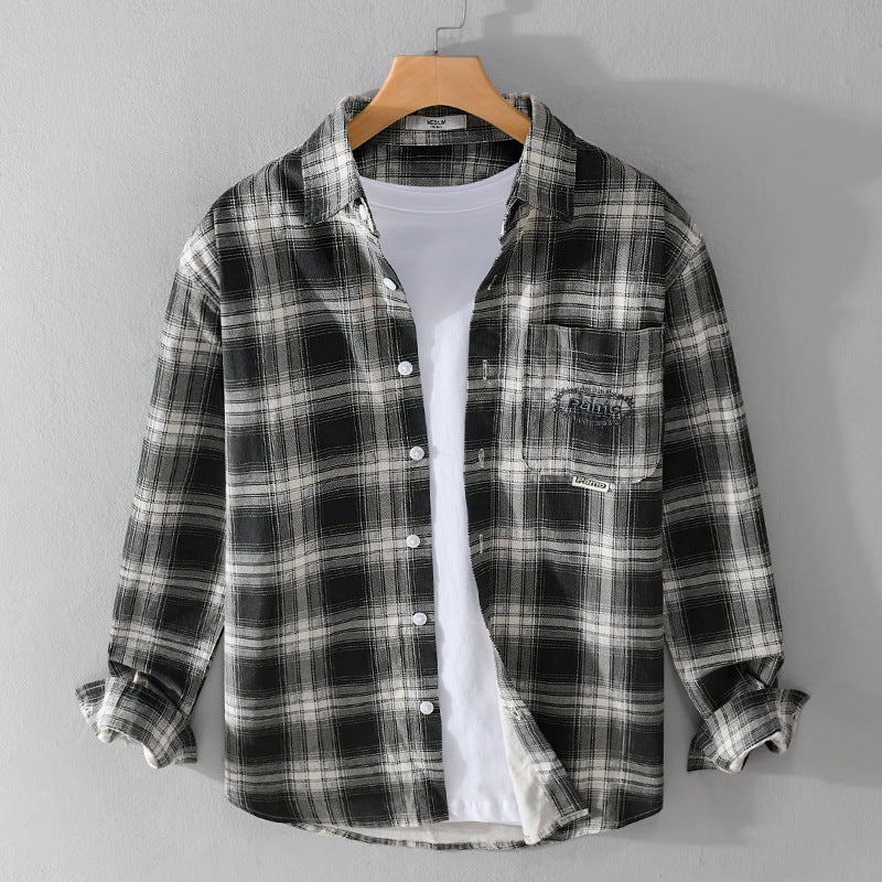 Cotton Plaid Long-sleeved Shirt Retro Cotton Brushed Casual Overshirt