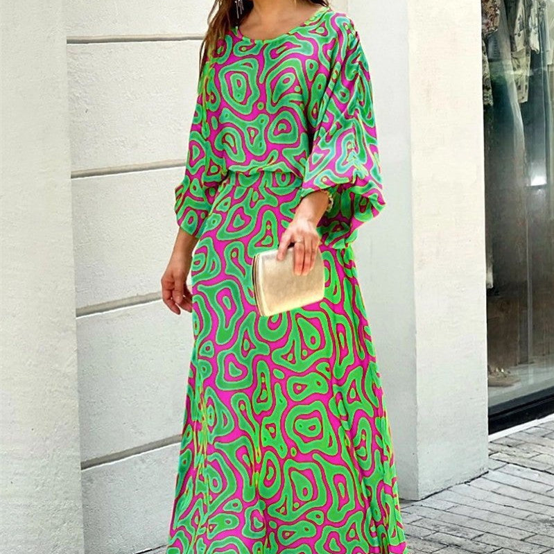 2pcs Women's Dress Suits Fashion Loose Printed Long Sleeve Top And High Waist Long Skirt