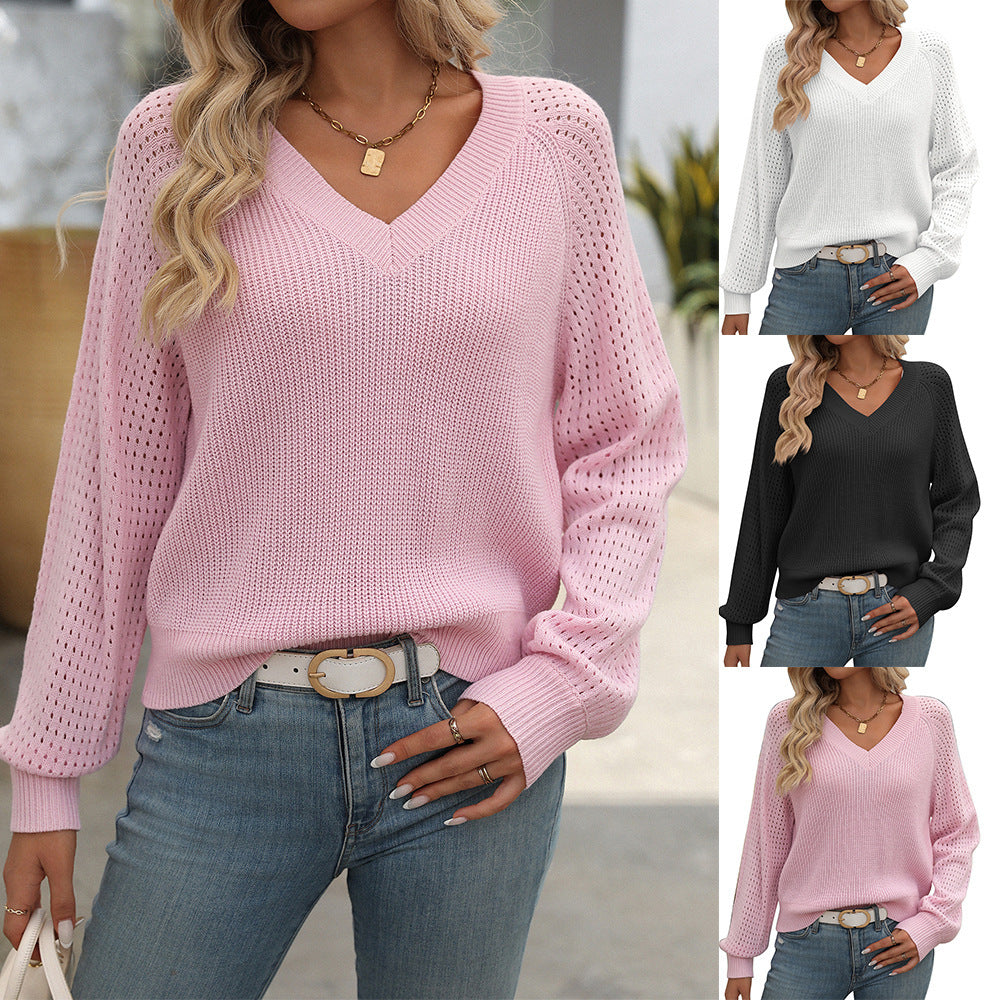 Women's Hollow Out V-neck Long Sleeve Fashion Sweater