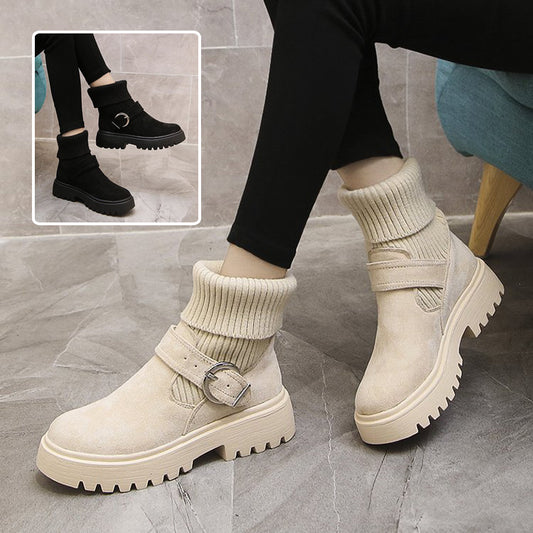 Women's Knitted Boot British Style Belt Buckle Ankle Boots Non-slip Thick Bottom Shoes Winter