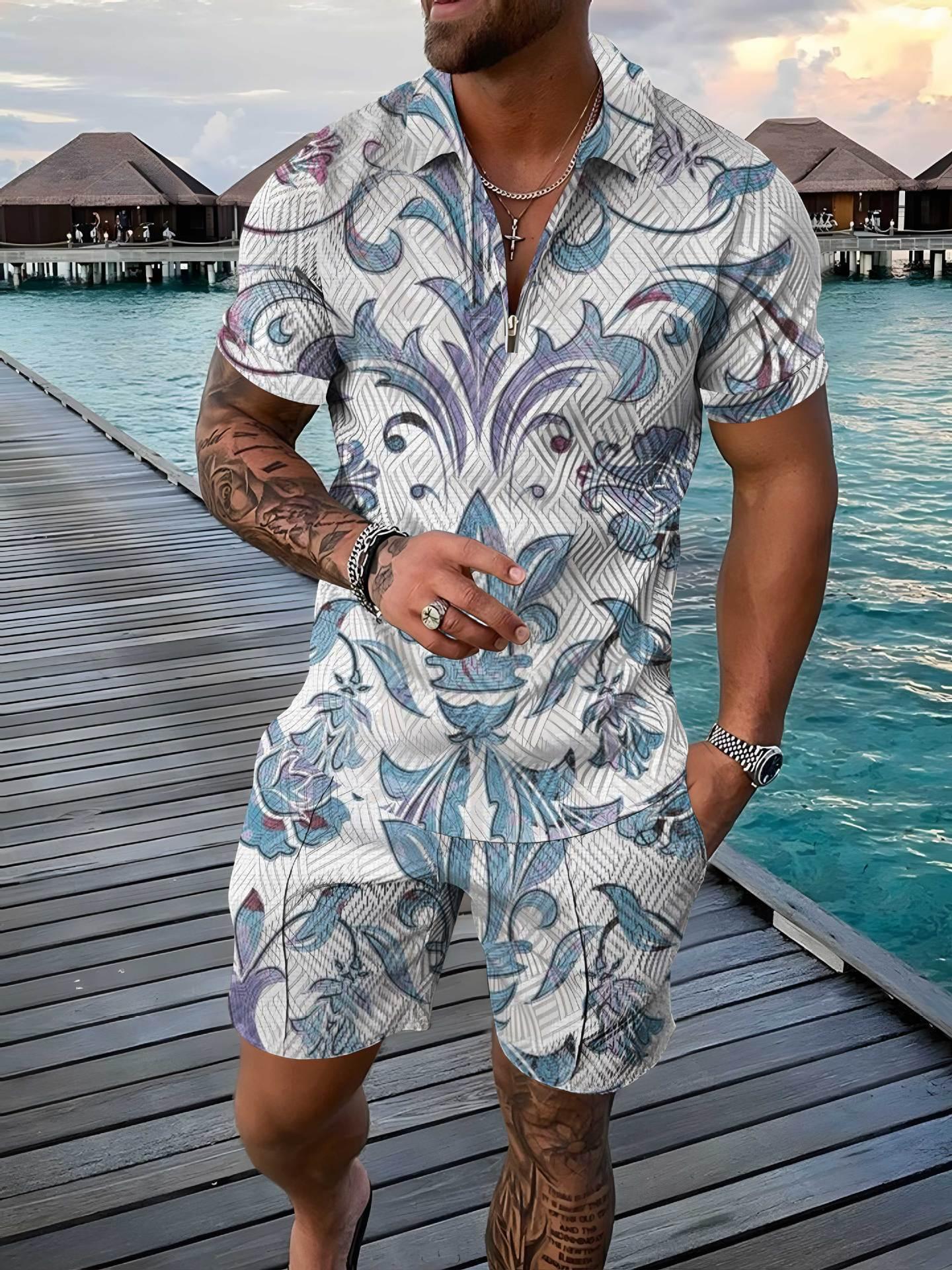 Zipper And Lapel Short Sleeve Shorts Suit