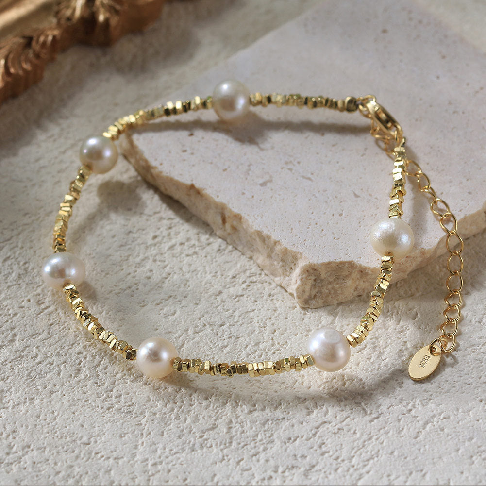 Gold Plated 925 Sterling Silver Natural Freshwater Pearl Ins Style Broken Silver Bracelet