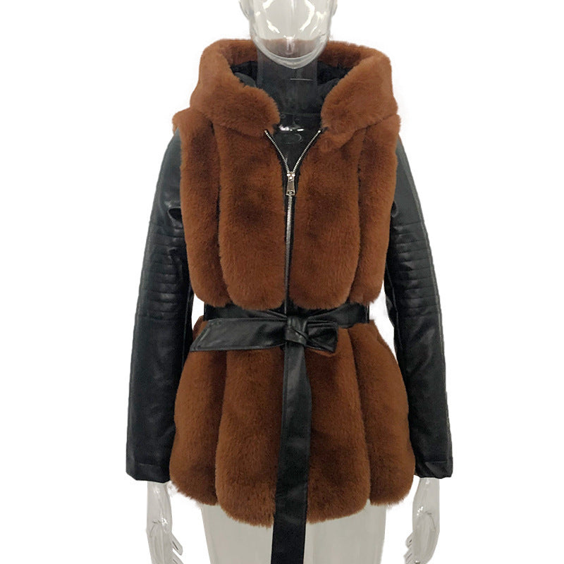 New Style Fur Belt Belt Hooded Zipper Jacket Women's Clothing