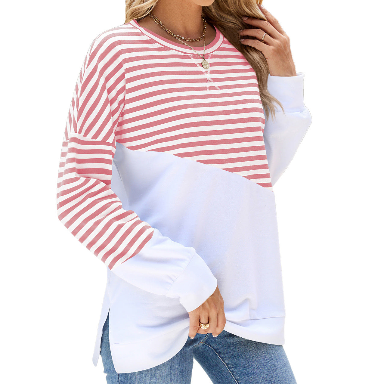 Striped Printed Long Sleeve T Shirt Fashion Casual Round Neck Pullover Split Design Women's Clothing