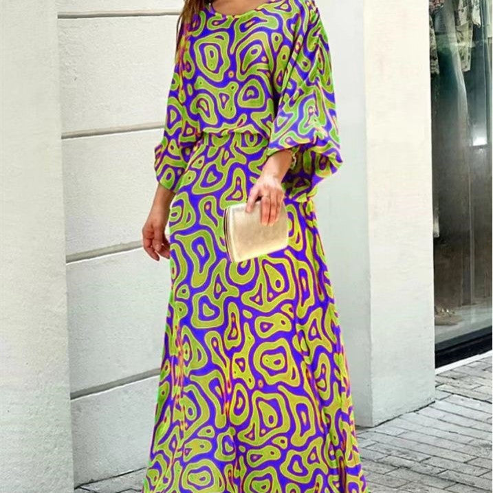 2pcs Women's Dress Suits Fashion Loose Printed Long Sleeve Top And High Waist Long Skirt