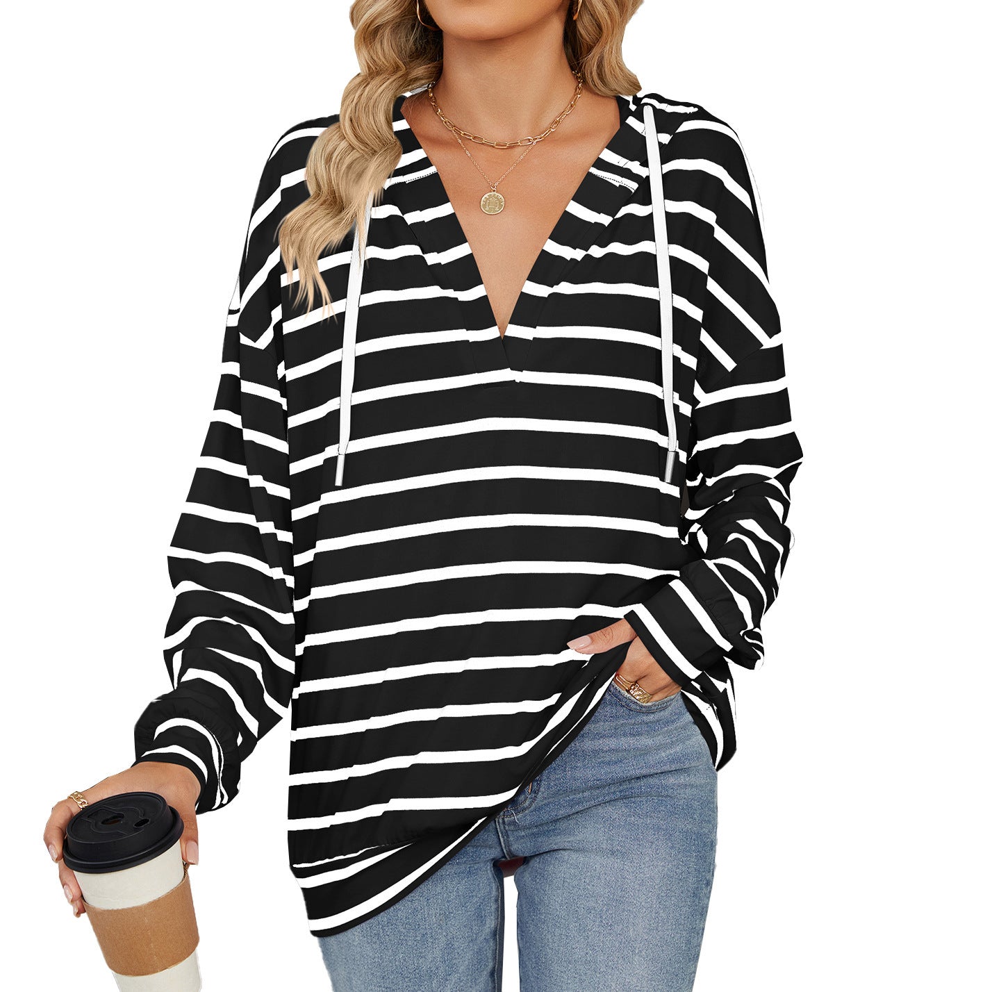 Hoodie With Drawstrings Striped Long Sleeve Sweatshirt Tops