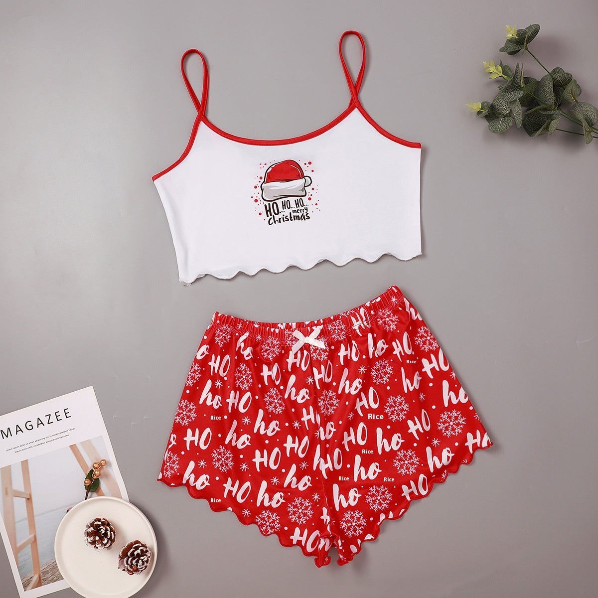 Christmas European And American Thin Pajamas Women's Sleeveless Shorts Milk Silk Simple Casual Two-piece Suit Homewear