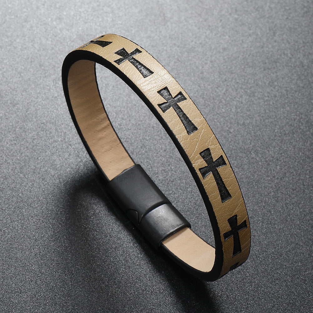 Alloy Leather Bracelet Men's Printed Cross Magnetic Buckle Bracelet