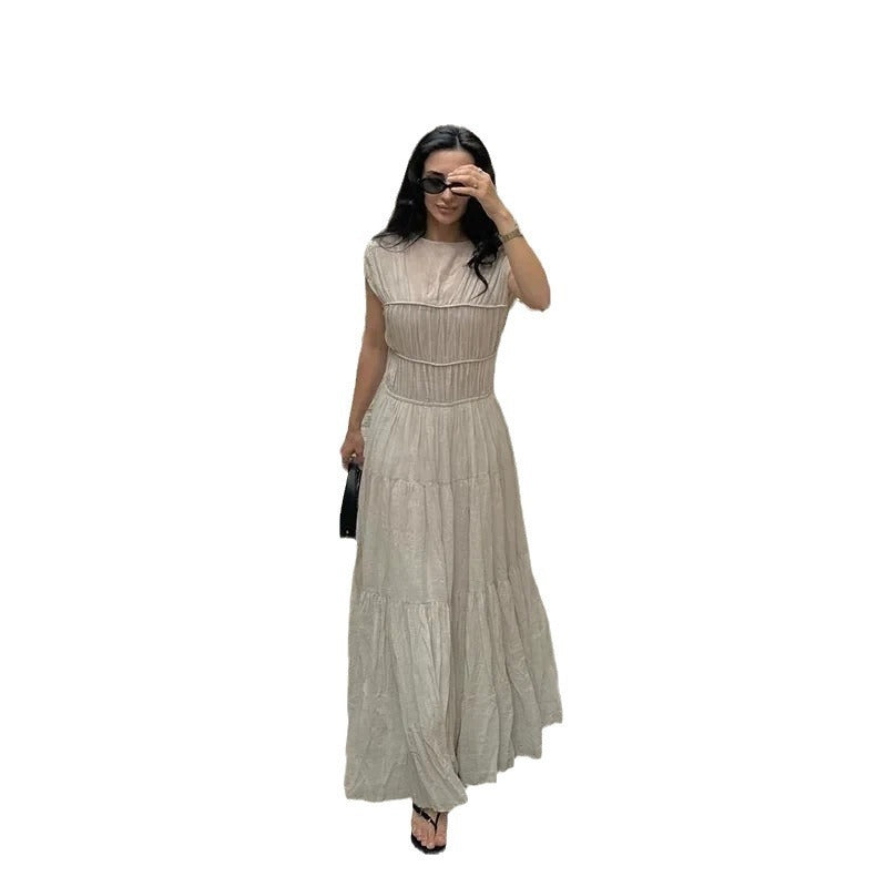 Women's Round Neck Sleeveless Pleated Long Dress