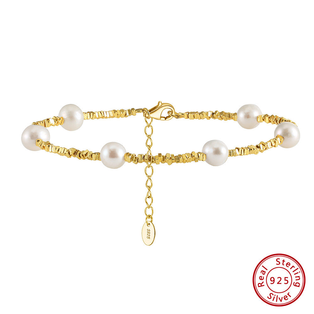 Gold Plated 925 Sterling Silver Natural Freshwater Pearl Ins Style Broken Silver Bracelet