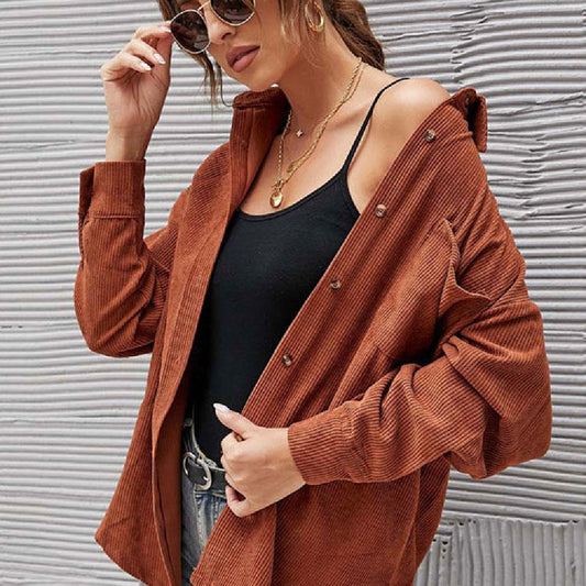 Autumn Corduroy Jacket Woman Long Shirt Jacket Women Button