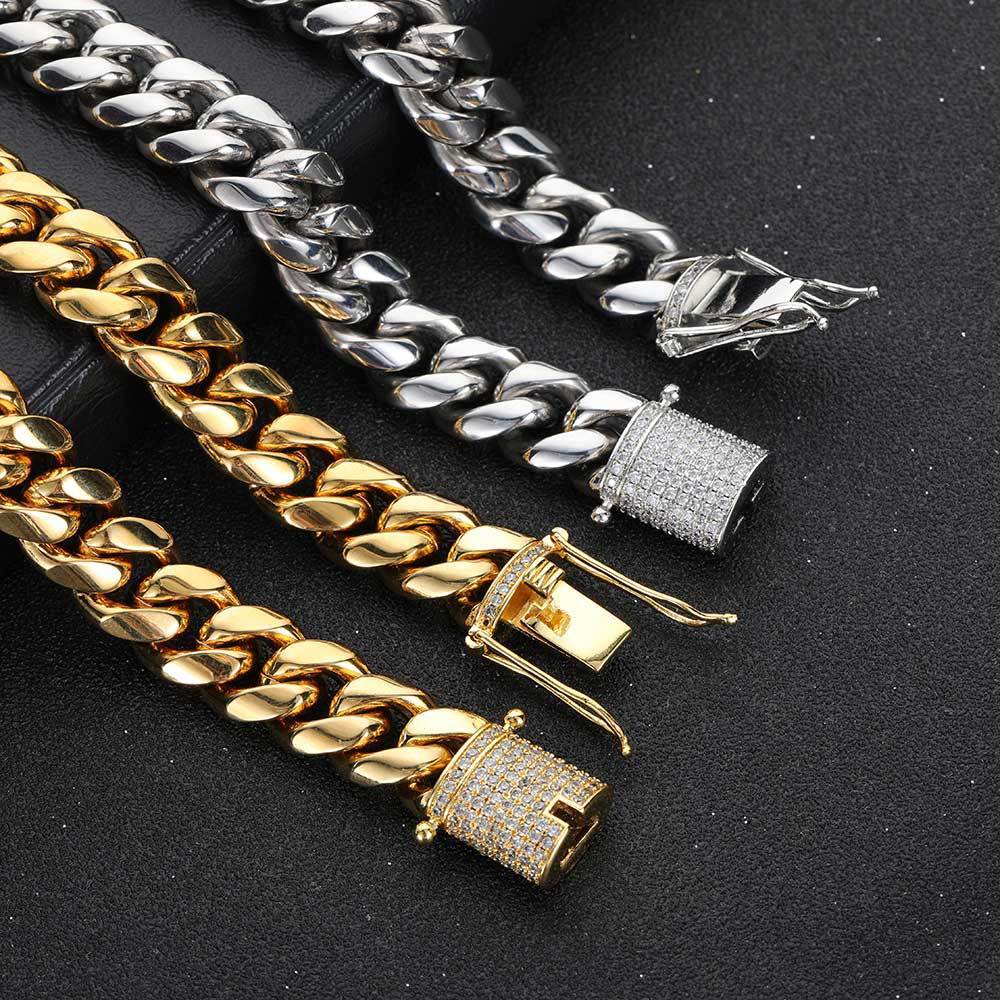 Stainless Steel Cuban Link Chain Hip Hop Bracelet Double-sided Drill Buckle