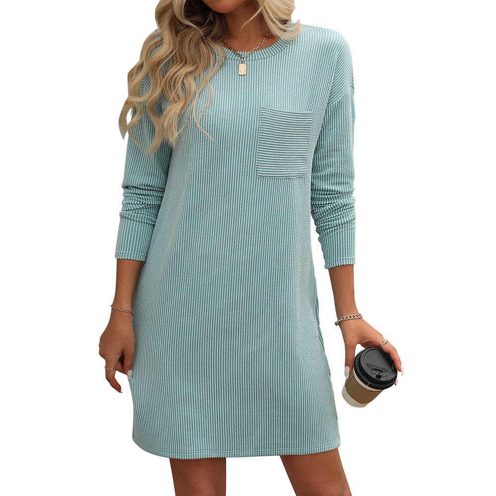 New Solid Color Striped With Pockets Long Sleeve Dress Fashion Round Neck Straight Dress Women's Clothing