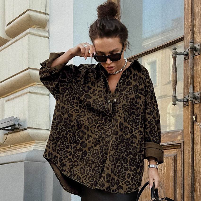 Vintage Cotton Leopard Print Baggy Coat Long Sleeve Women