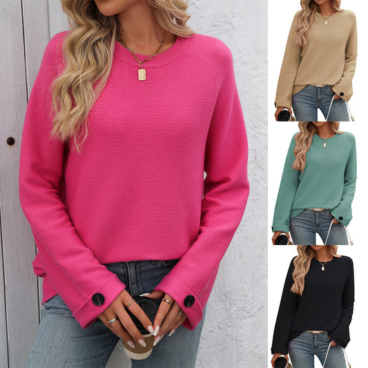 Women's Round Neck Button Cored Yarn Long Sleeve Sweater