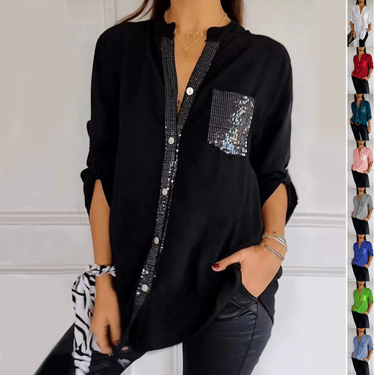 Casual Button-down Long Sleeve Shirt With Sequin Pocket Design Fashion Commuter Top Women Clothing