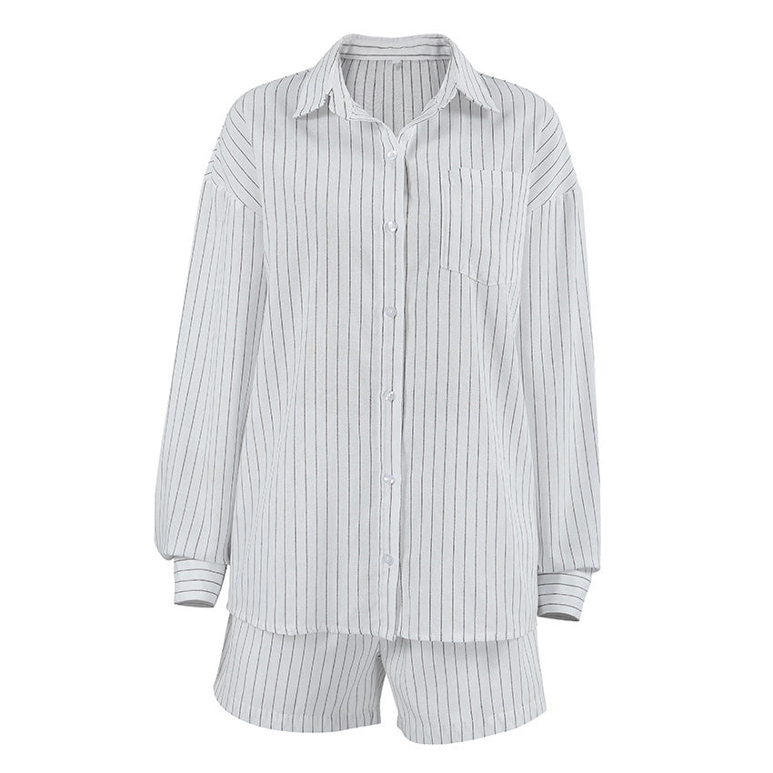 White Striped Long-sleeved Shirt Two-piece Comfortable