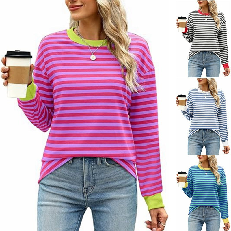 Women's Striped Pattern Round Neck Long-sleeved Sweater