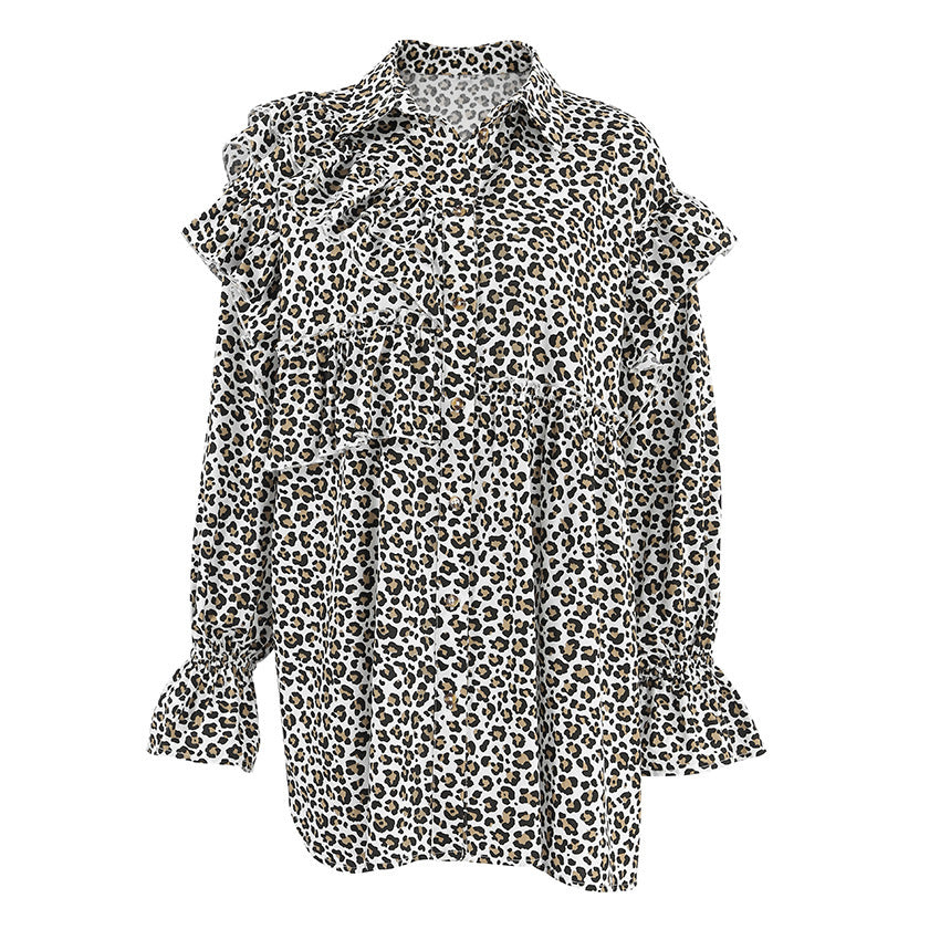 Design Leopard Print Women's Shirt Ruffled Long Sleeve