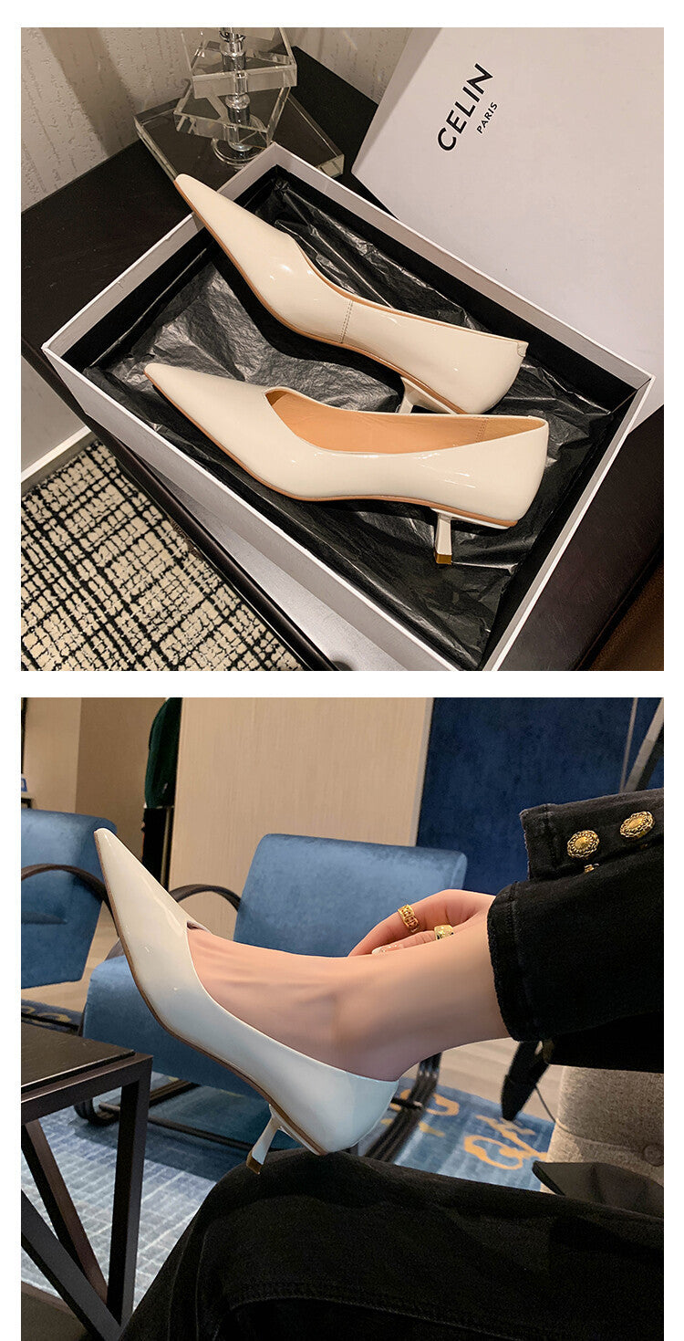 Stiletto Heel Pointed Toe V-shaped Mouth Pumps Patent Sheepskin Korean Style