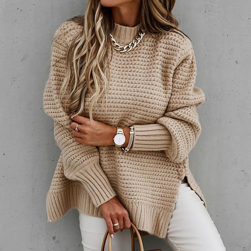 Solid color drawstring side slit knit sweater