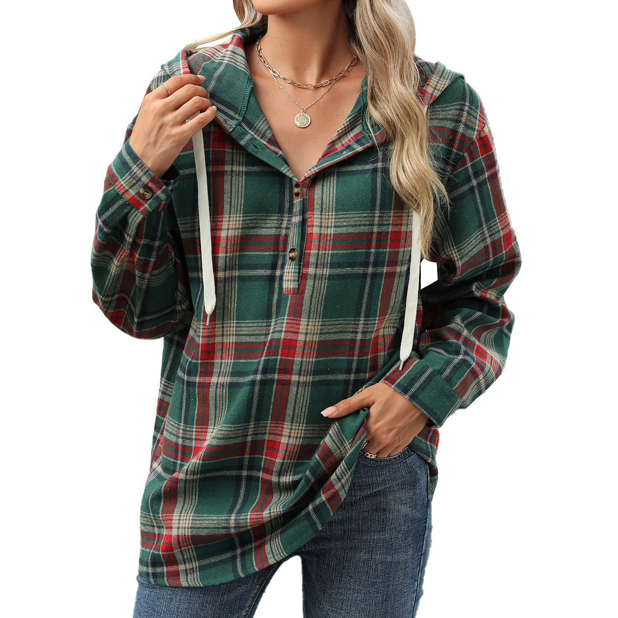 Fashion Plaid Print Hooded Sweatshirt With Button Loose Long Sleeve Hoodies Leisure Sports Top For Womens Clothing