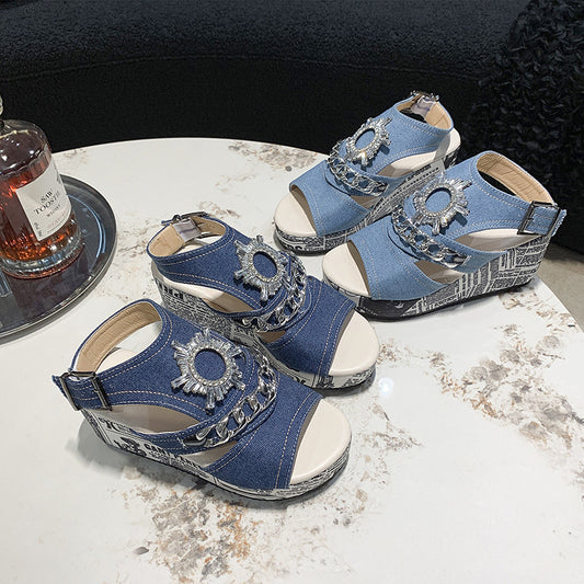 Wedge Denim Round Toe Peep Toe Sandals Fashionable And Comfortable Rhinestone High Heel Shoes