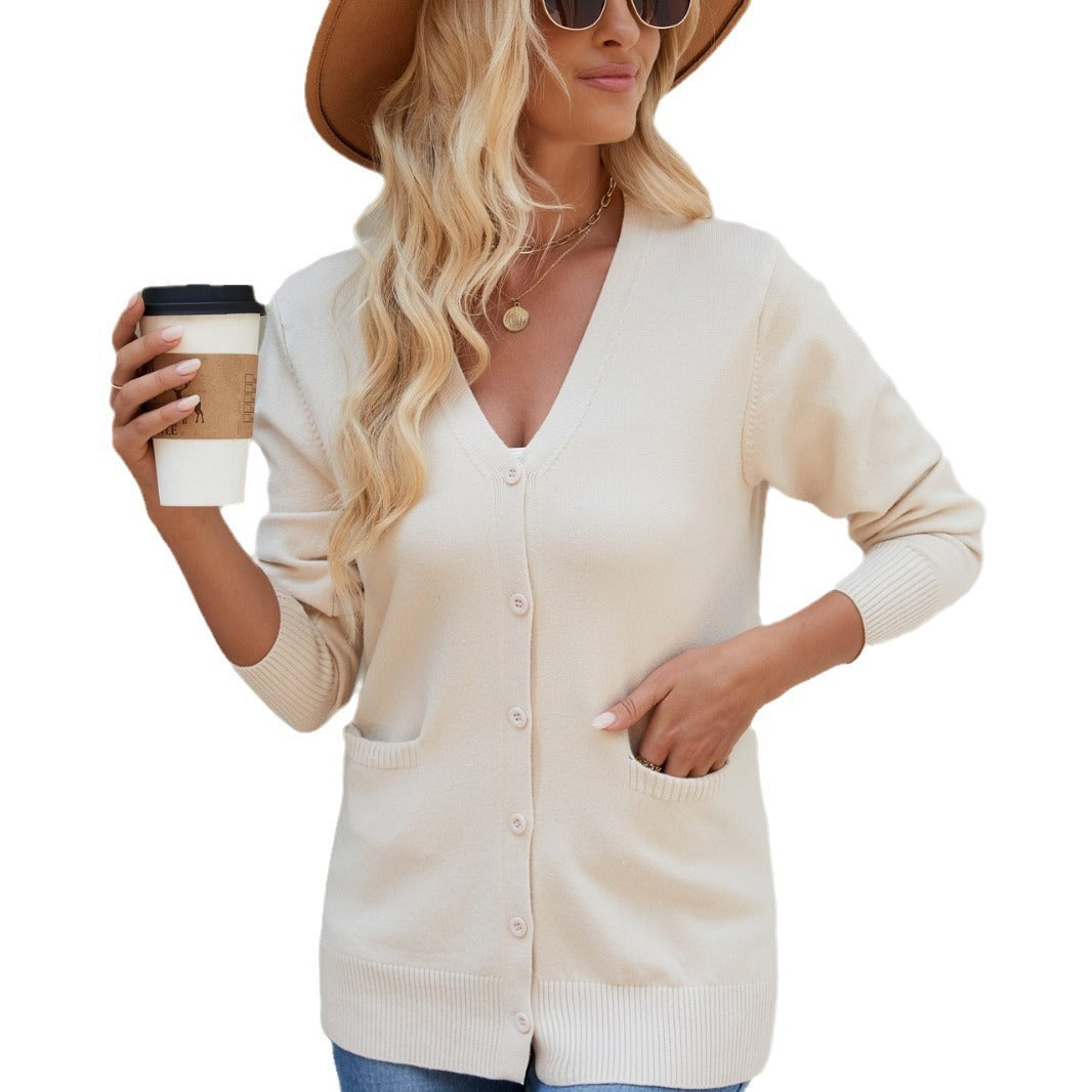 Knitted Cardigan Sweater Women V-neck Long Sleeve Single Breasted