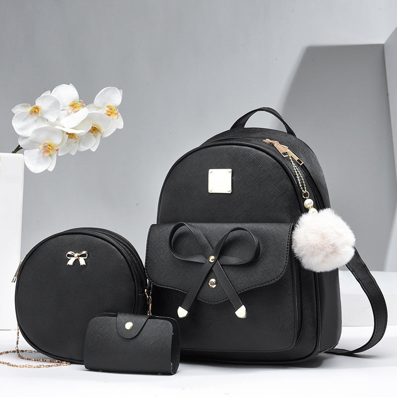 Fashion Women's Bags PU Bow Composite Bag Young Girl Student Cute Shoulders Backpack Crossbody Bags Coin Purse 3pcs Set