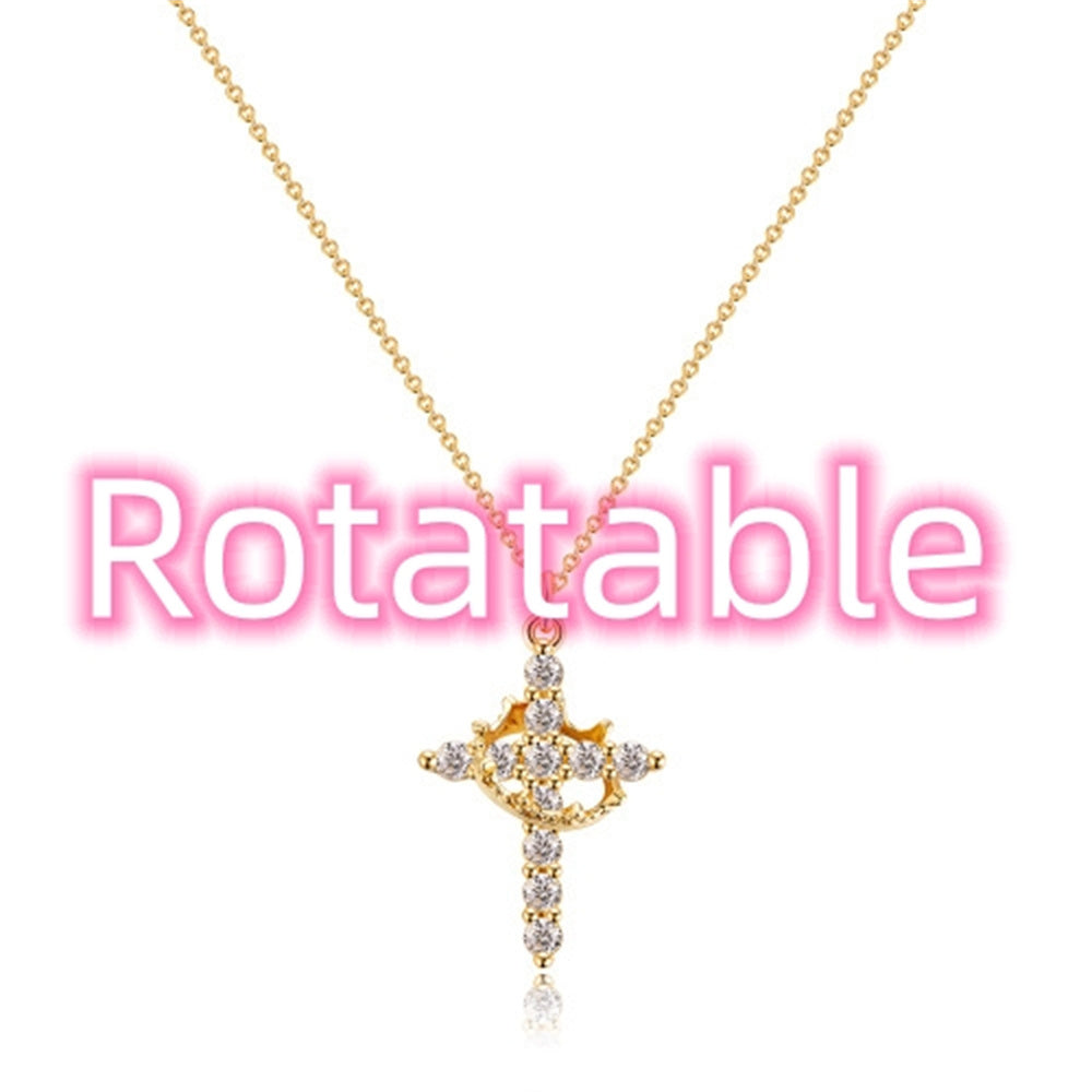 Fashion Jewelry Cross Full Diamond Crown Rotatable Necklace