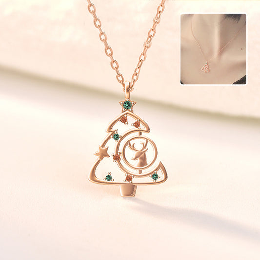 S925 Elk Christmas Tree Necklace Fashion Ins Style Zircon Clavicle Chain Women's Jewelry