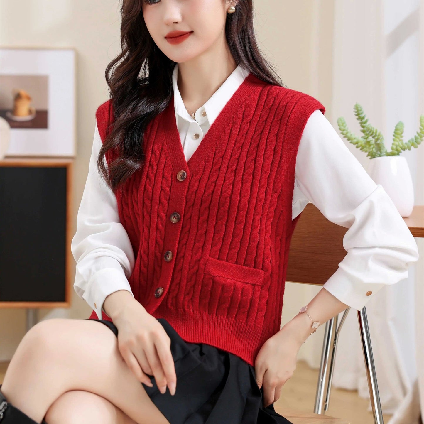 Women's V-neck Twist Knitted Vest