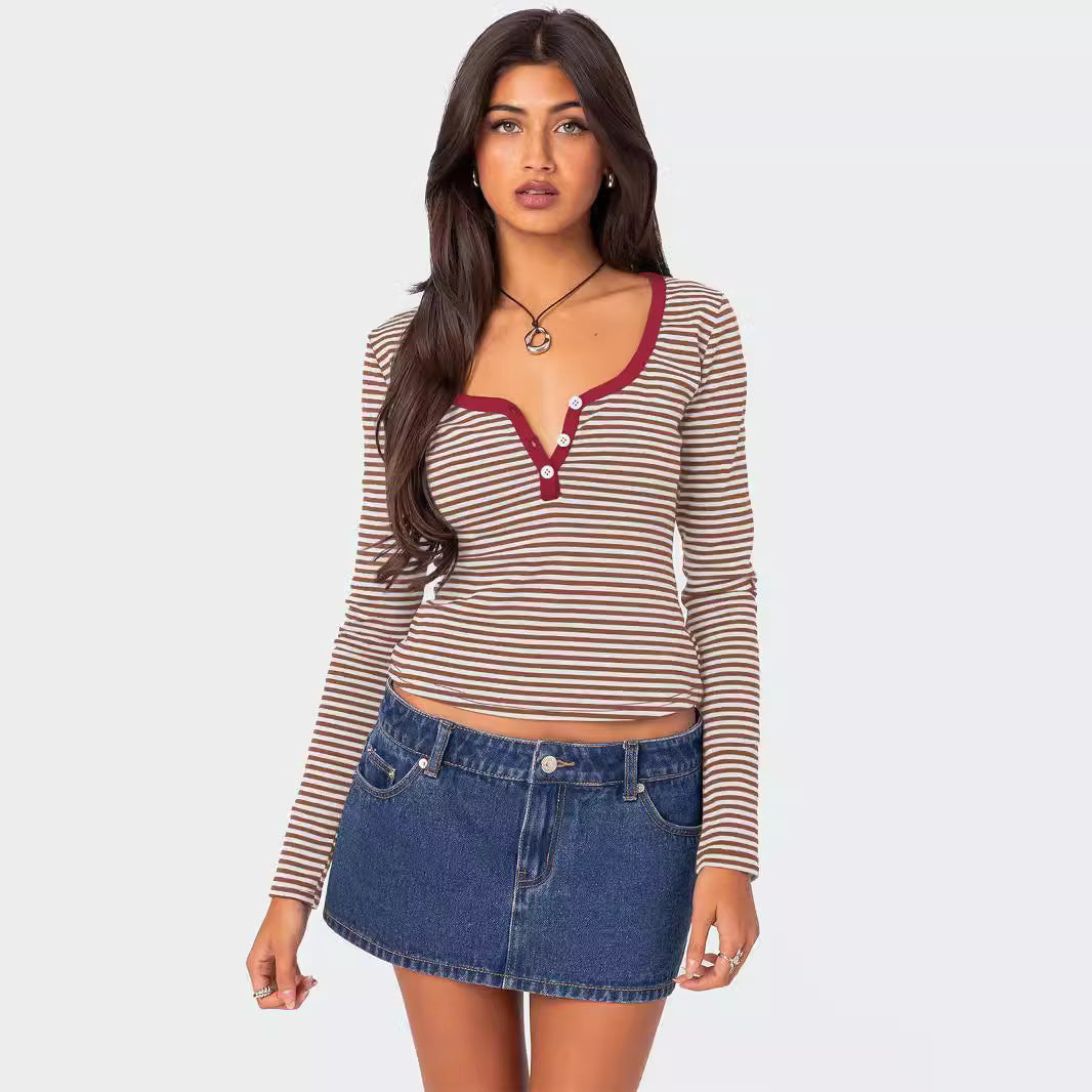 Contrast Color Striped Sweater Women's Button Slim T-shirt