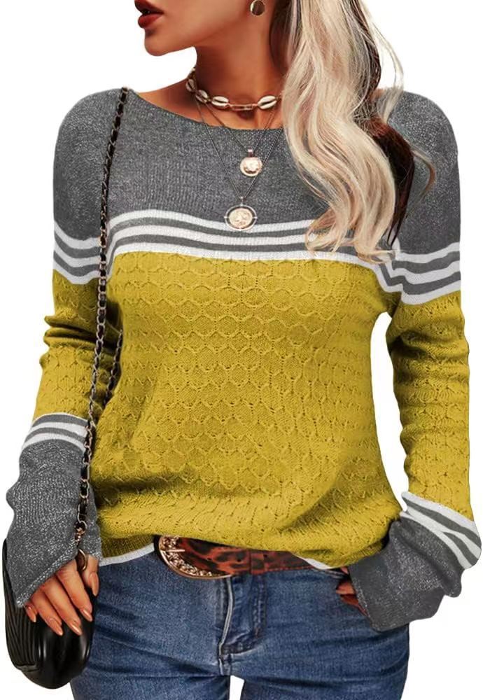 Foreign Trade Crocheted Long-sleeved Top Striped Color-block Crew Neck Knitted Sweater