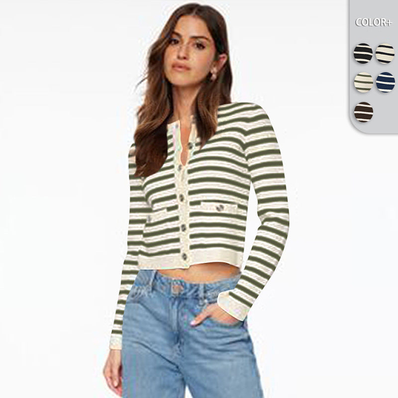 Comfort And Casual Long Sleeve Striped Button Top