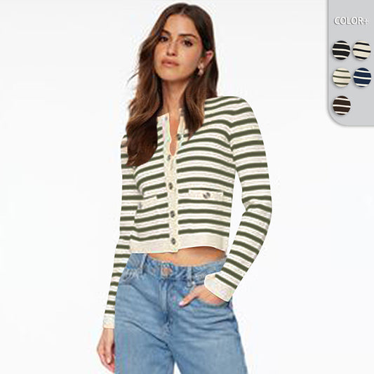 Comfort And Casual Long Sleeve Striped Button Top