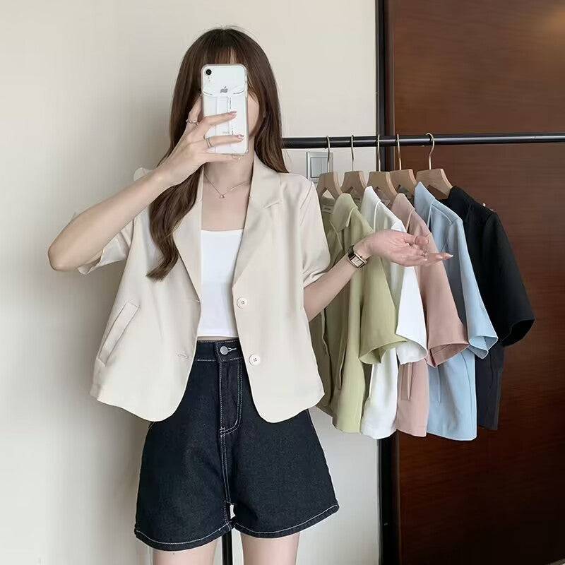 Suit Collar Short Sleeve Shirt Coat Women's Short Top