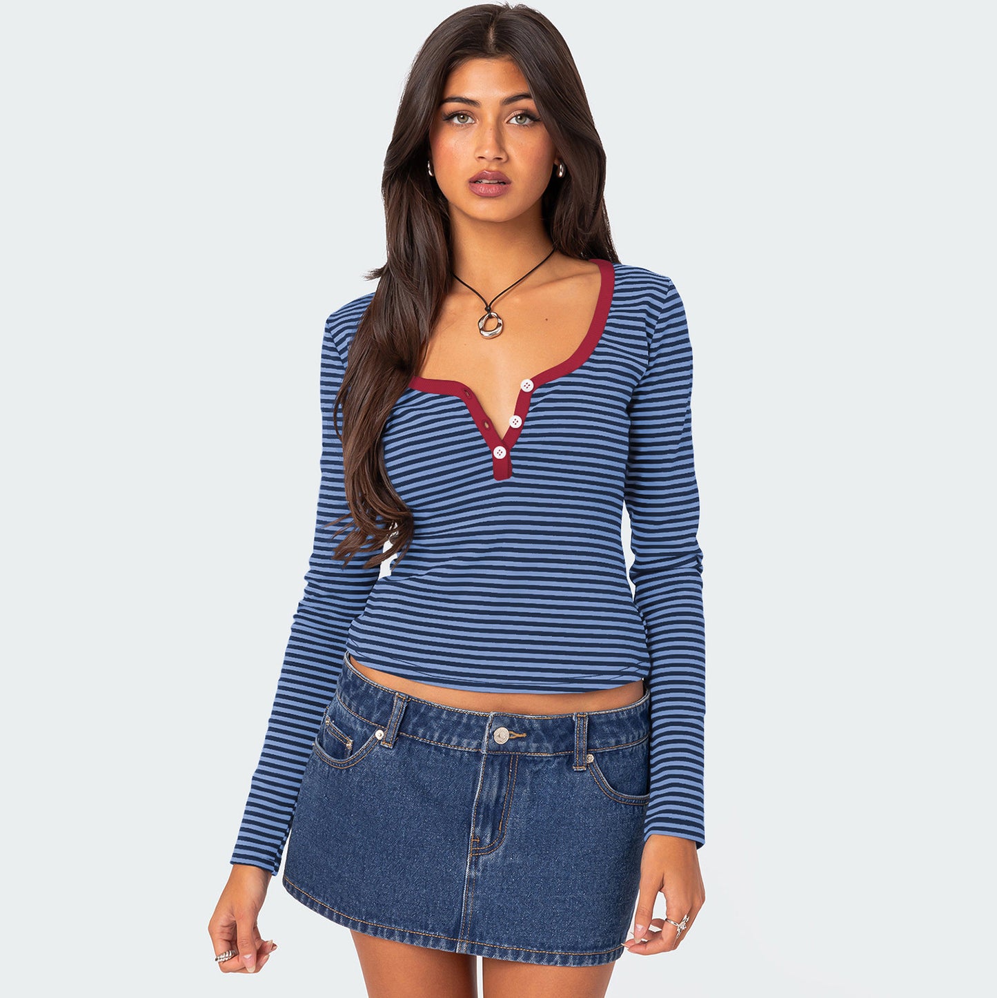 Contrast Color Striped Sweater Women's Button Slim T-shirt