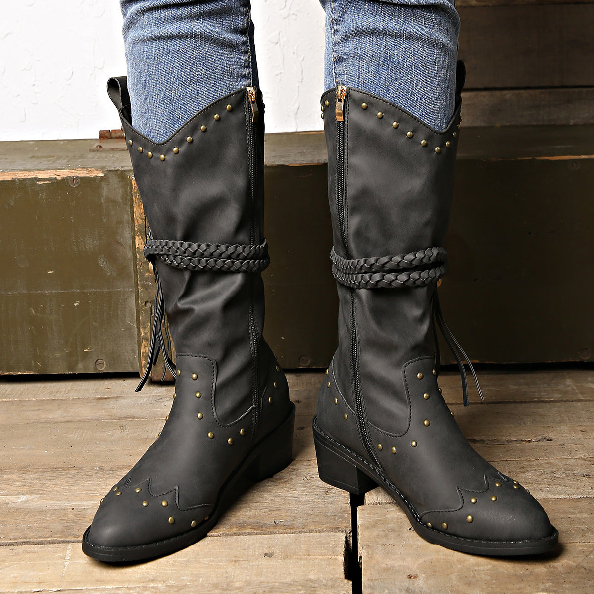 Retro Tassel Boots With Braided Rope Strap Buckle Design Shoes Winter Footwear New Mid-calf Knight Western Boots For Women