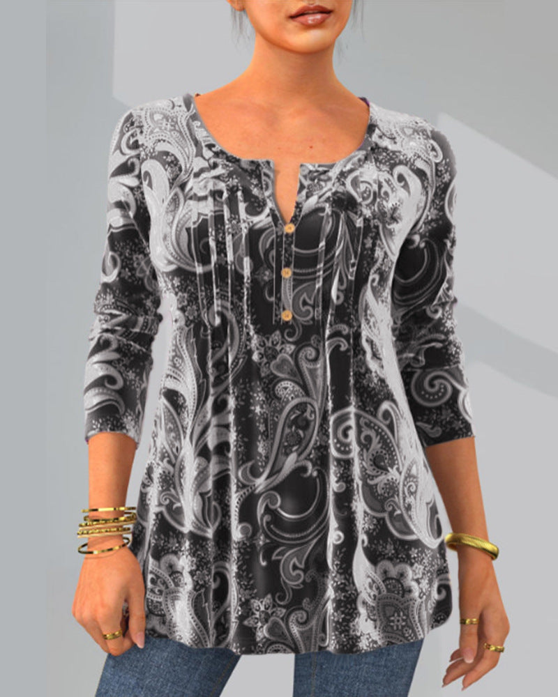 Fashion Print Round Neck Long Sleeve Top