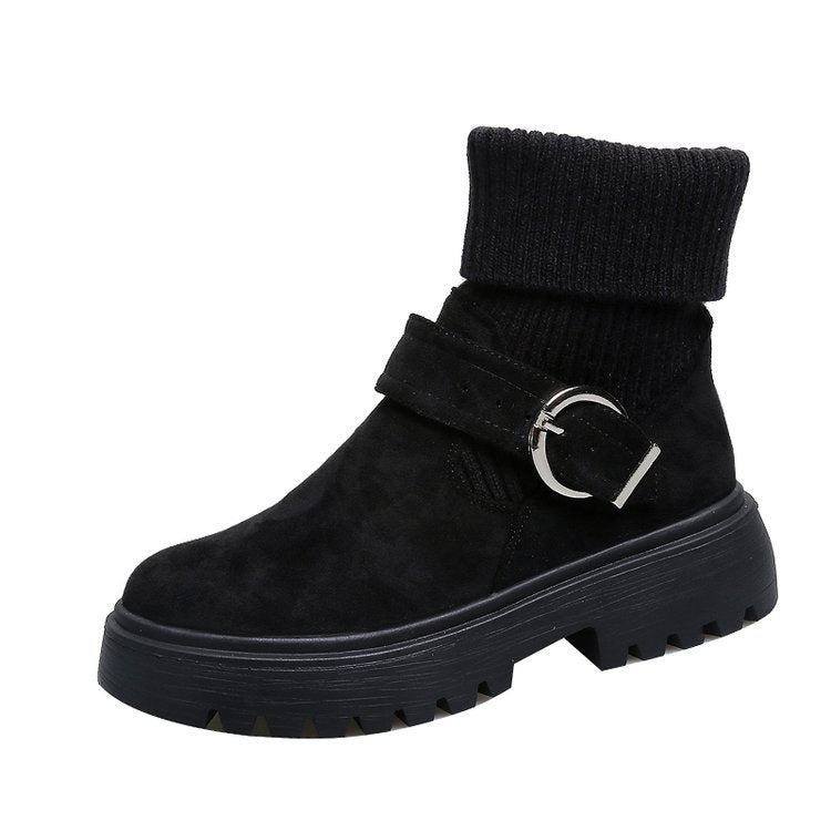 Women's Knitted Boot British Style Belt Buckle Ankle Boots Non-slip Thick Bottom Shoes Winter