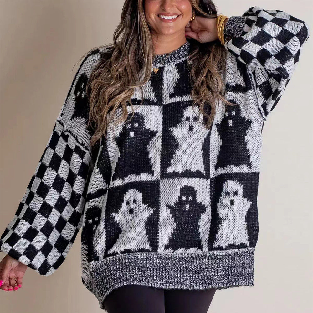 Halloween Cartoon Ghost And Checkerboard Print Pullover Sweater Autumn And Winter Loose Long-sleeved Knitted Tops For Women