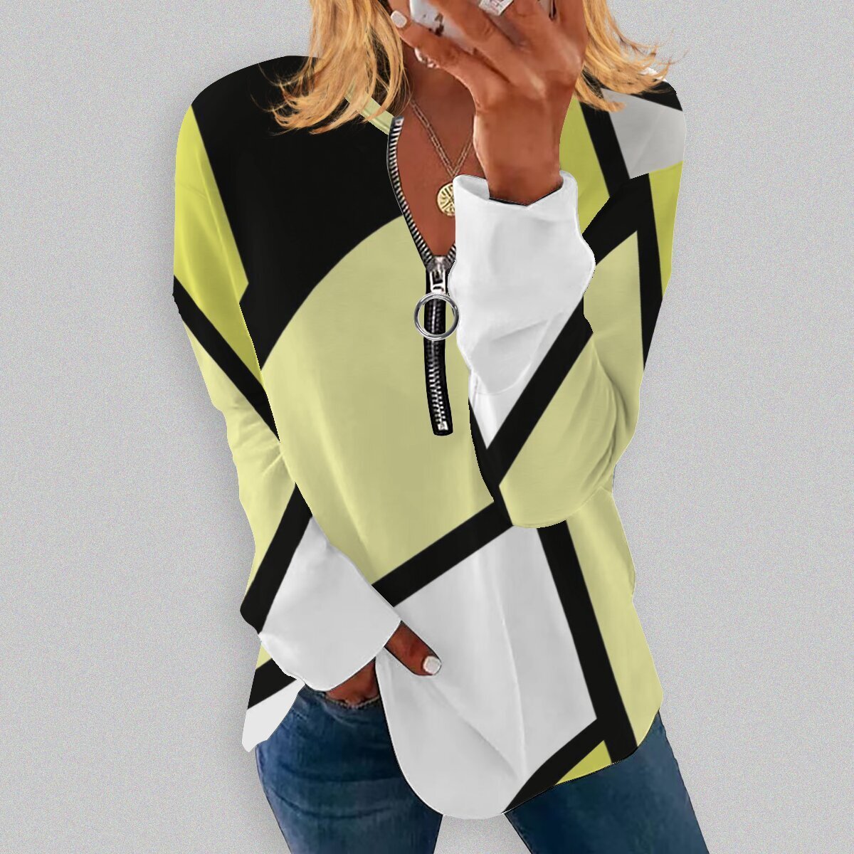 RETRO Geometric Printed Round Neck Long-sleeve T-shirt Long-sleeve Zipper