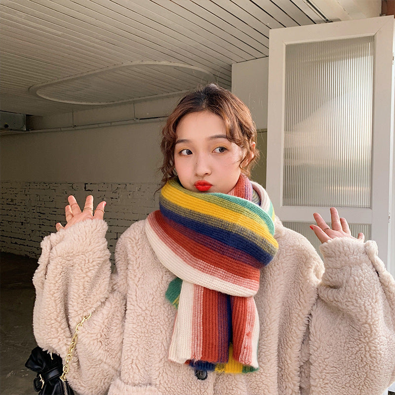 Rainbow Striped Knitted Scarf All-match Shawl