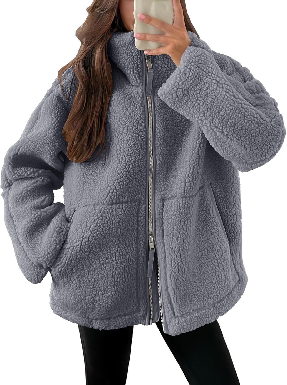 Casual Long Sleeve Oversized Warm Double Zipper Winter Teddy Jacket