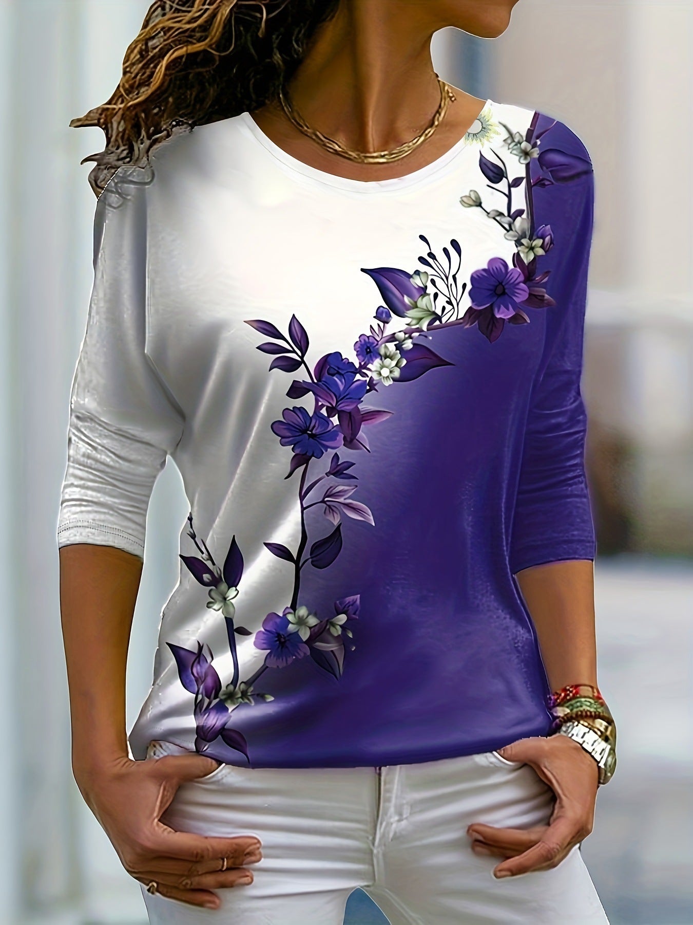 Floral Multicolor Printing Round Neck Casual Long Sleeve