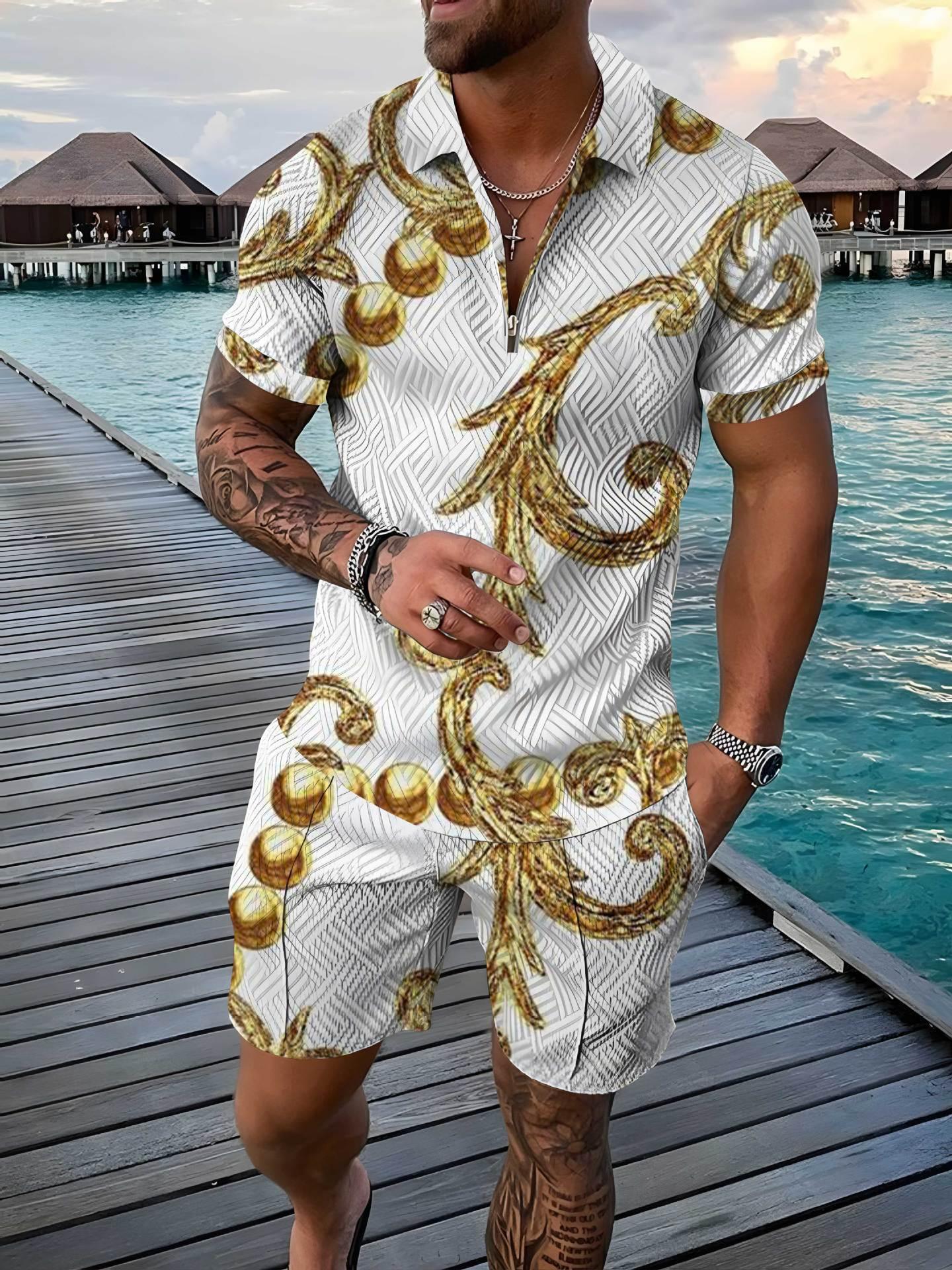 Zipper And Lapel Short Sleeve Shorts Suit