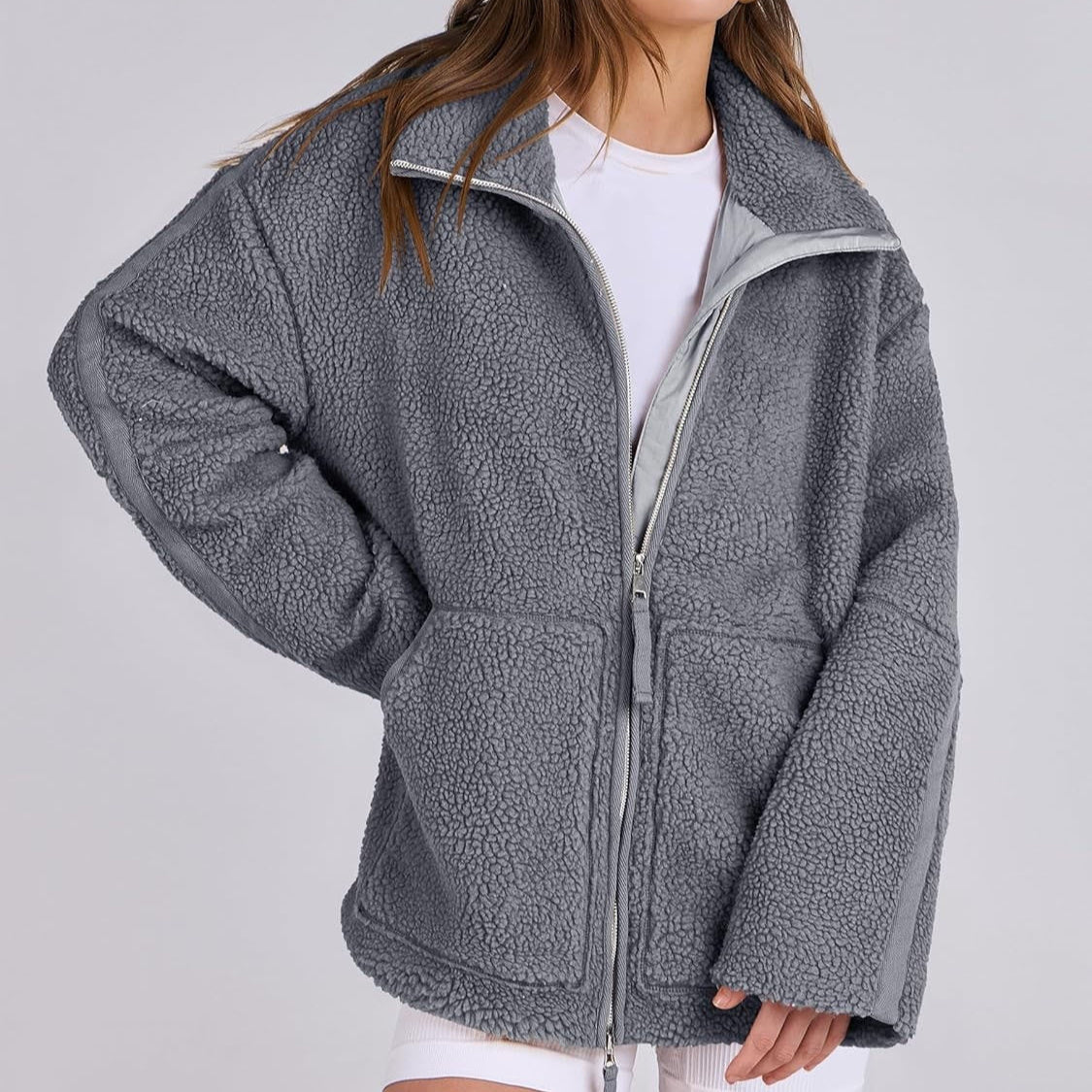 Casual Long Sleeve Oversized Warm Double Zipper Winter Teddy Jacket