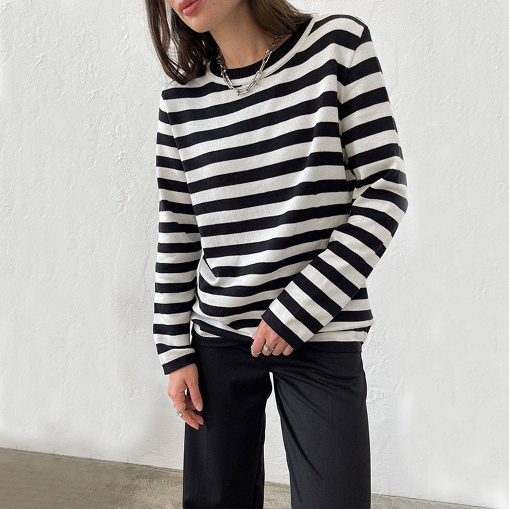 New Knitted Striped Long Sleeved Sweater Versatile Pullover Tops Womens Clothing