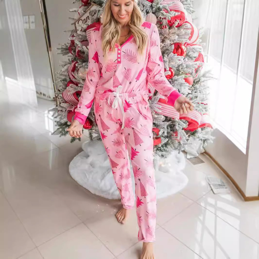 Christmas Pajamas Suit Christmas Tree Printed Long Sleeve Button Two-piece Set